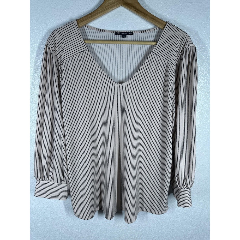 Adrianna Papell Blouse Womens‎ Large Beige Striped V Neck 3/4 Balloon Sleeve